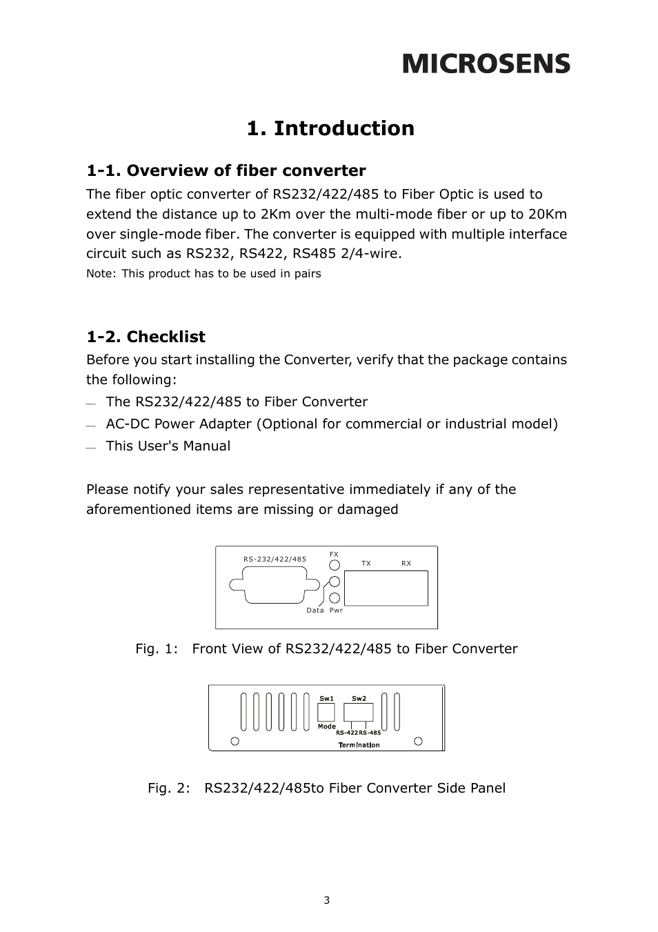 Introduction, 1. overview of fiber converter, 2. checklist | Microsens RS-232 User Manual | Page 4 / 9