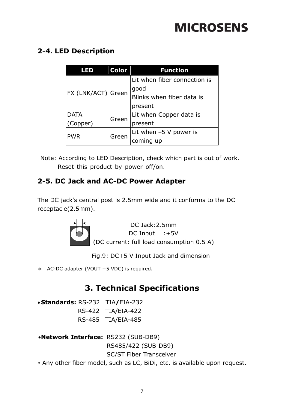 Technical specifications | Microsens RS-232 User Manual | Page 8 / 9