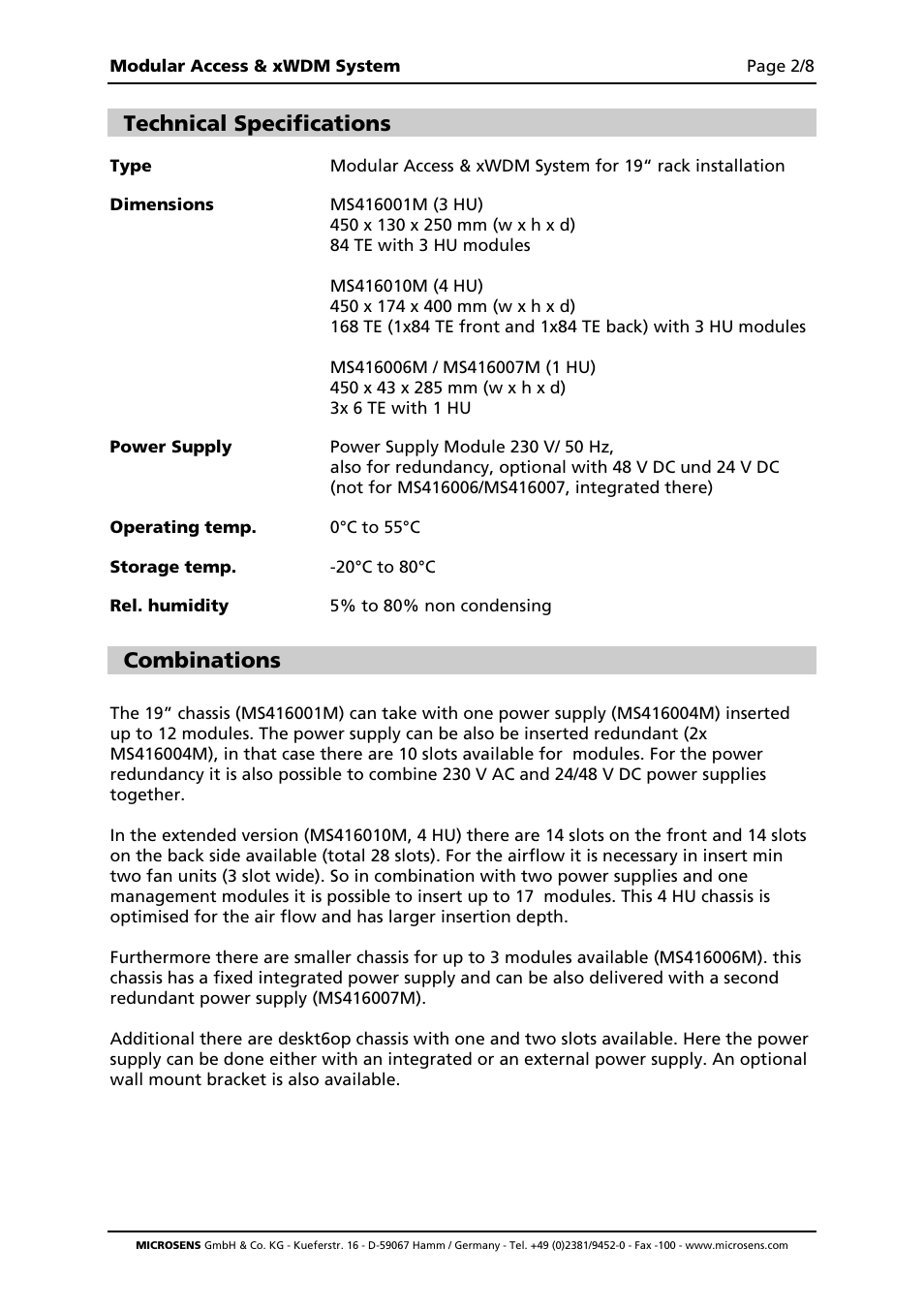Technical specifications, Combinations | Microsens Modular Enterprise Chassis 4 HU User Manual | Page 2 / 8