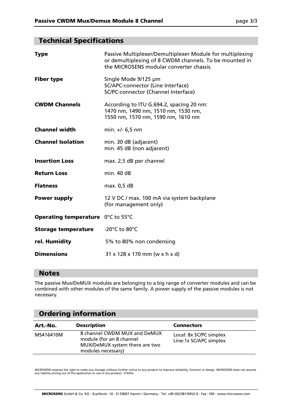 Technical specifications, Ordering information | Microsens Passive 8 Channel CWDM MUX Module User Manual | Page 3 / 3