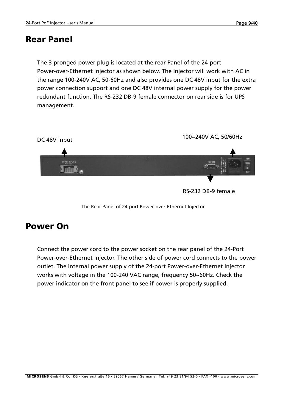 Rear panel, Power on | Microsens MS400900M User Manual | Page 11 / 42