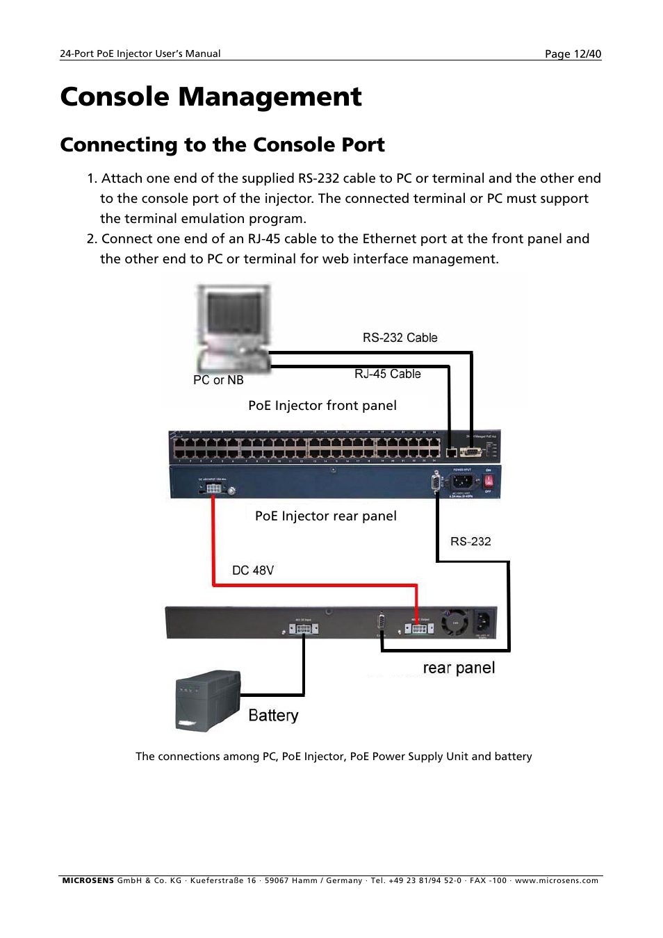 Console management, Connecting to the console port | Microsens MS400900M User Manual | Page 14 / 42
