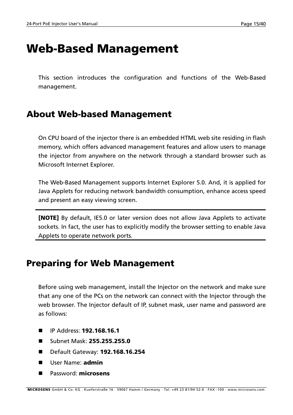 Web-based management, About web-based management, Preparing for web management | Microsens MS400900M User Manual | Page 17 / 42