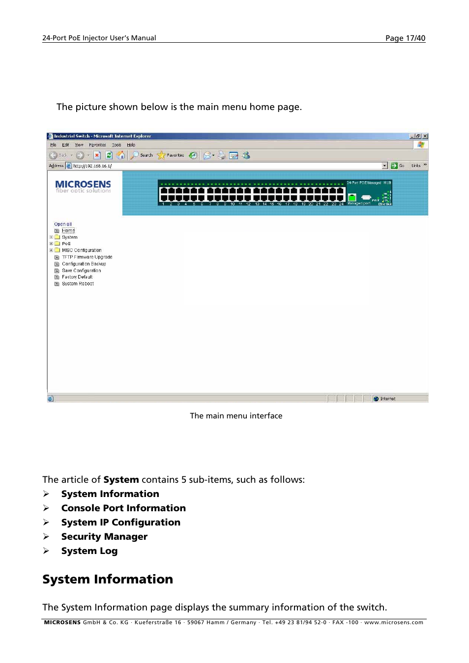 System, System information, Main menu | Microsens MS400900M User Manual | Page 19 / 42