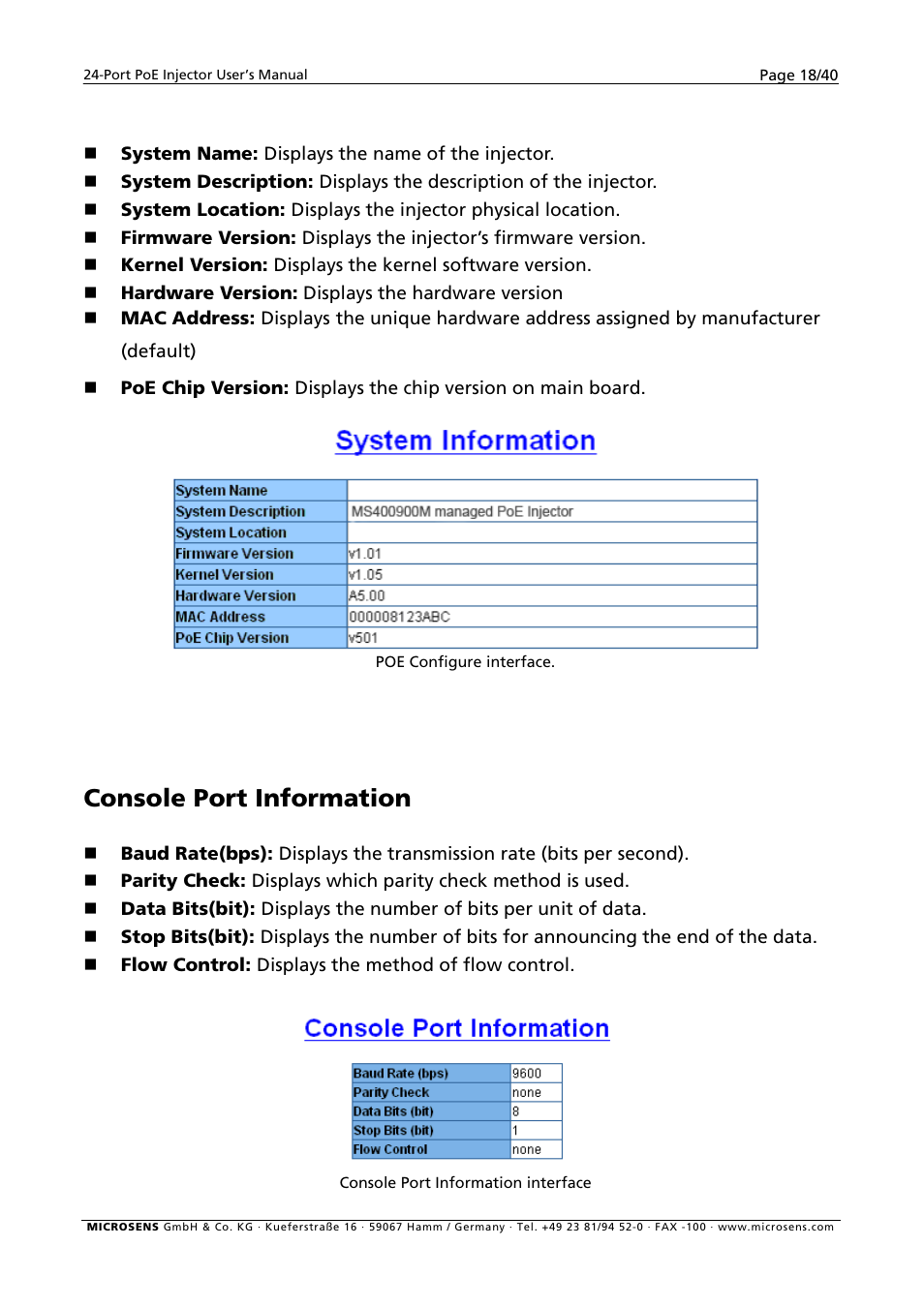 Console port information | Microsens MS400900M User Manual | Page 20 / 42