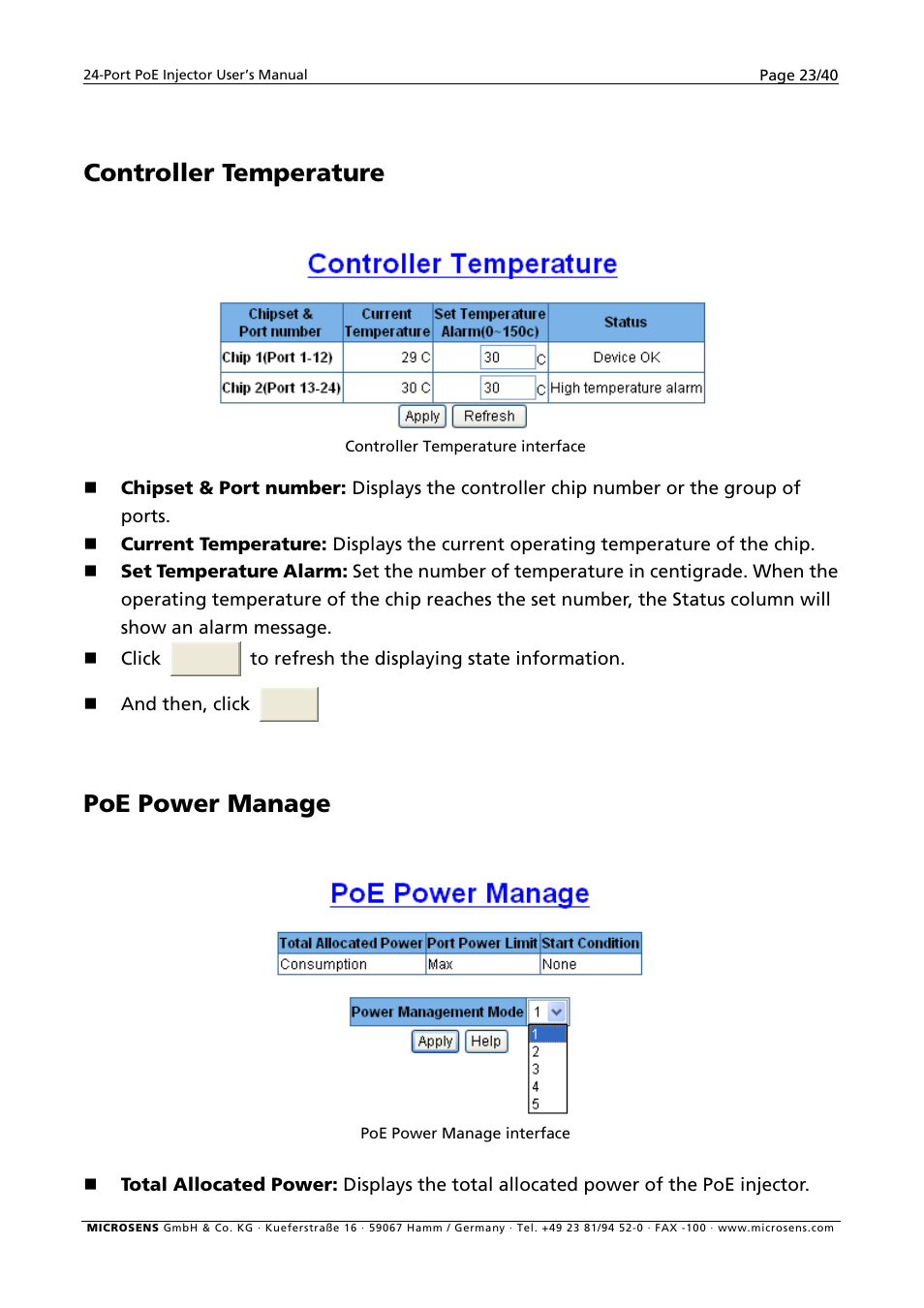 Controller temperature, Poe power manage | Microsens MS400900M User Manual | Page 25 / 42