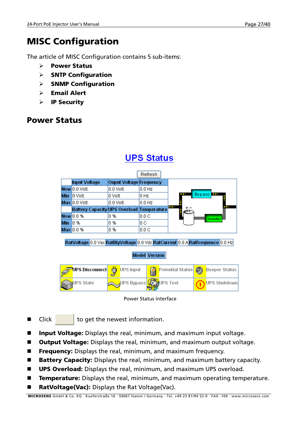 Misc configuration, Power status | Microsens MS400900M User Manual | Page 29 / 42