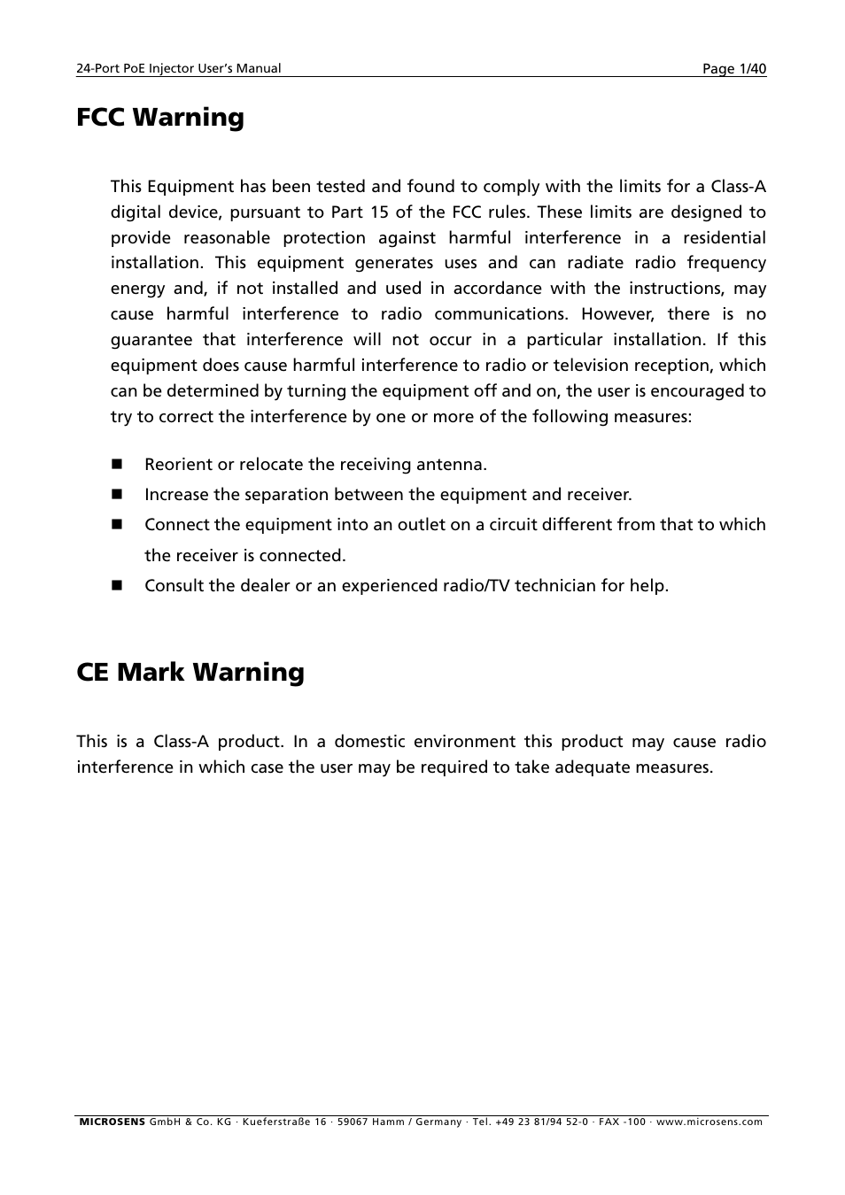 Fcc warning, Ce mark warning | Microsens MS400900M User Manual | Page 3 / 42