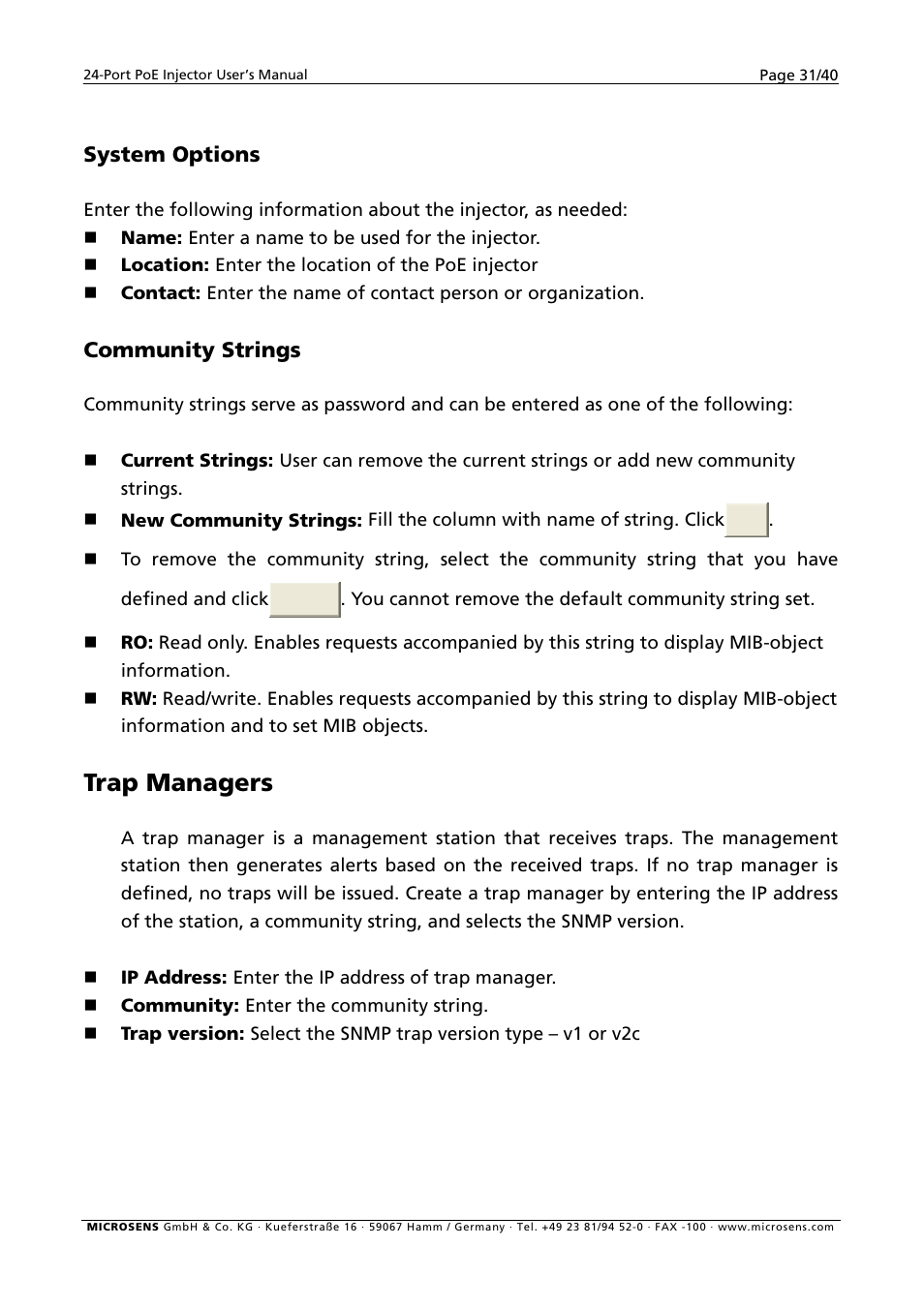 System options, Community strings, Trap managers | Microsens MS400900M User Manual | Page 33 / 42