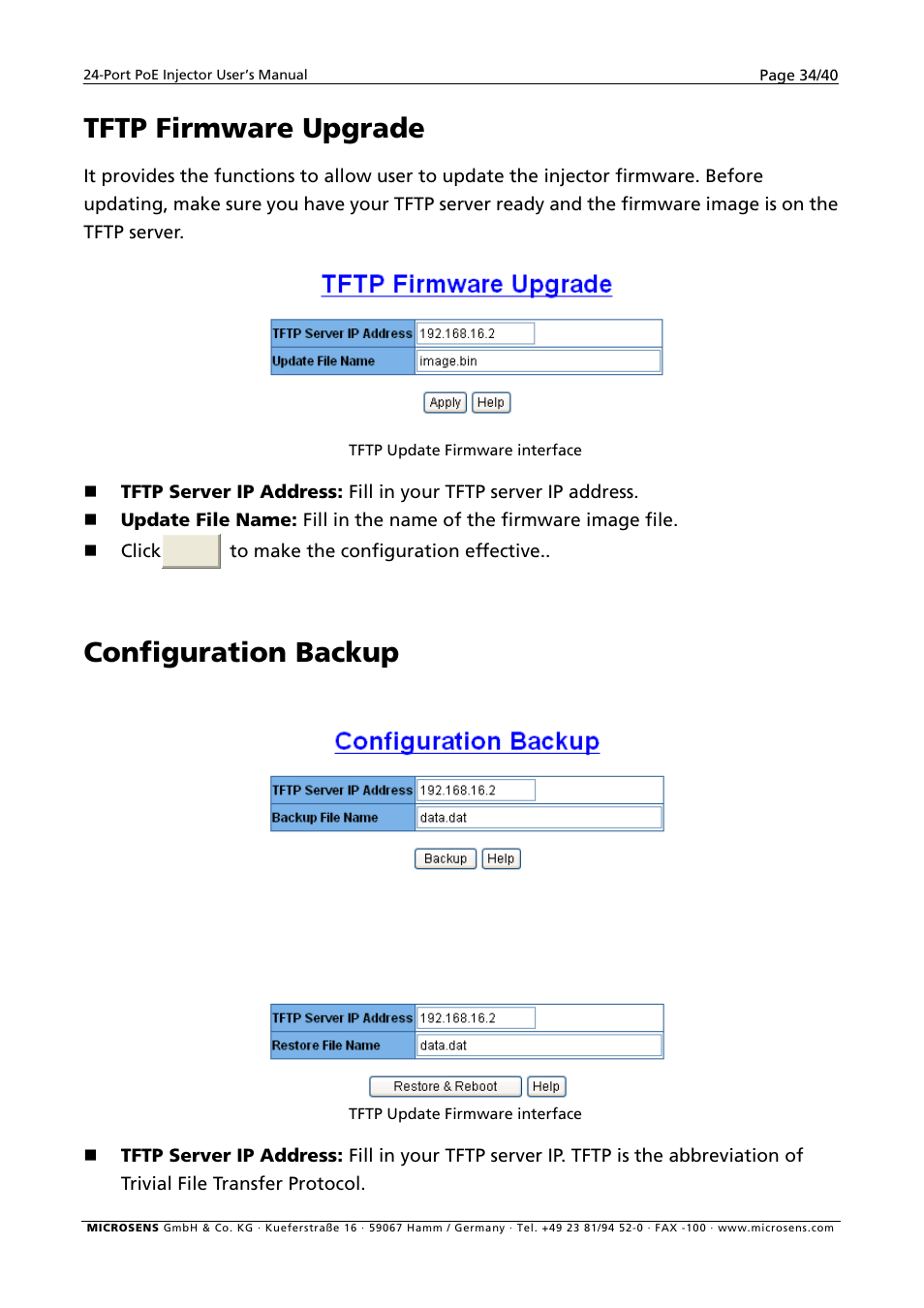 Tftp firmware upgrade, Configuration backup | Microsens MS400900M User Manual | Page 36 / 42