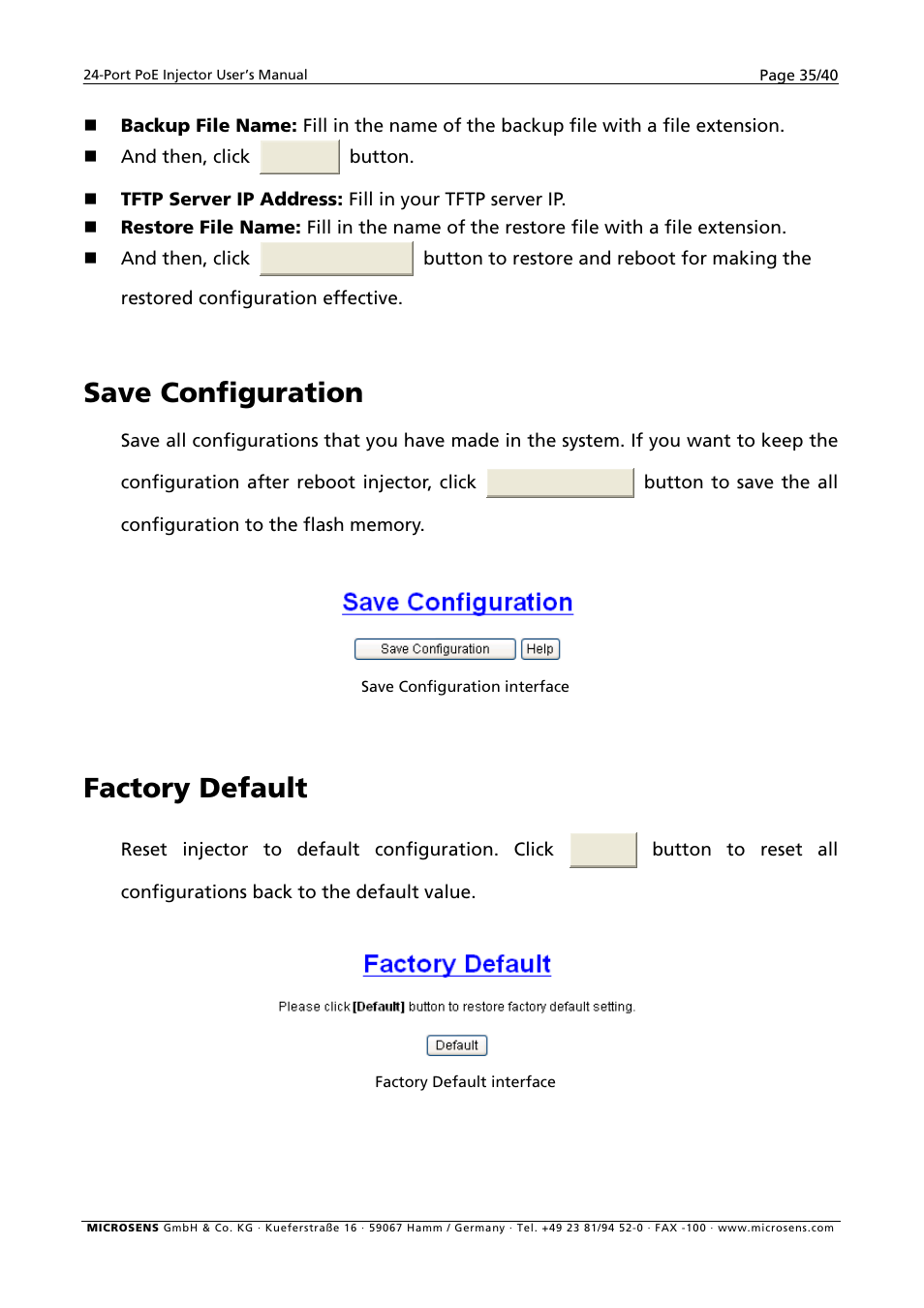 Save configuration, Factory default | Microsens MS400900M User Manual | Page 37 / 42