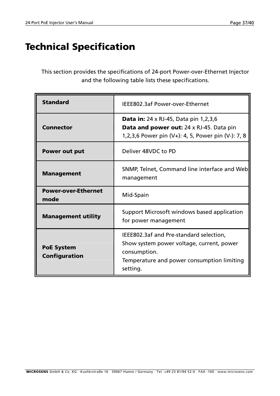 Technical specification, Connector, Power out put | Management | Microsens MS400900M User Manual | Page 39 / 42