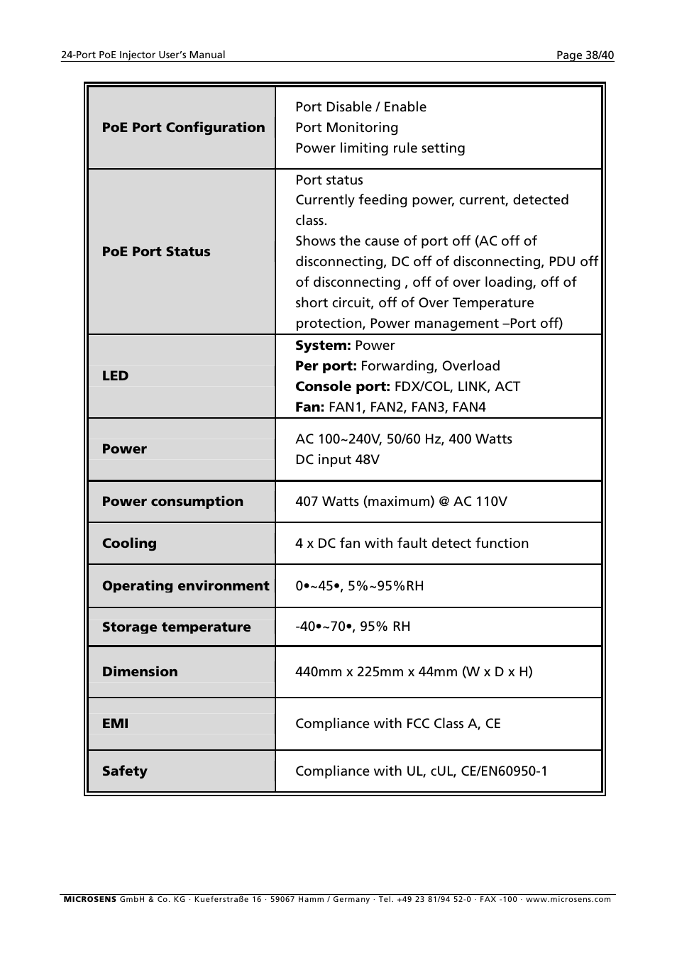 Poe port configuration, Poe port status, Power | Power consumption | Microsens MS400900M User Manual | Page 40 / 42