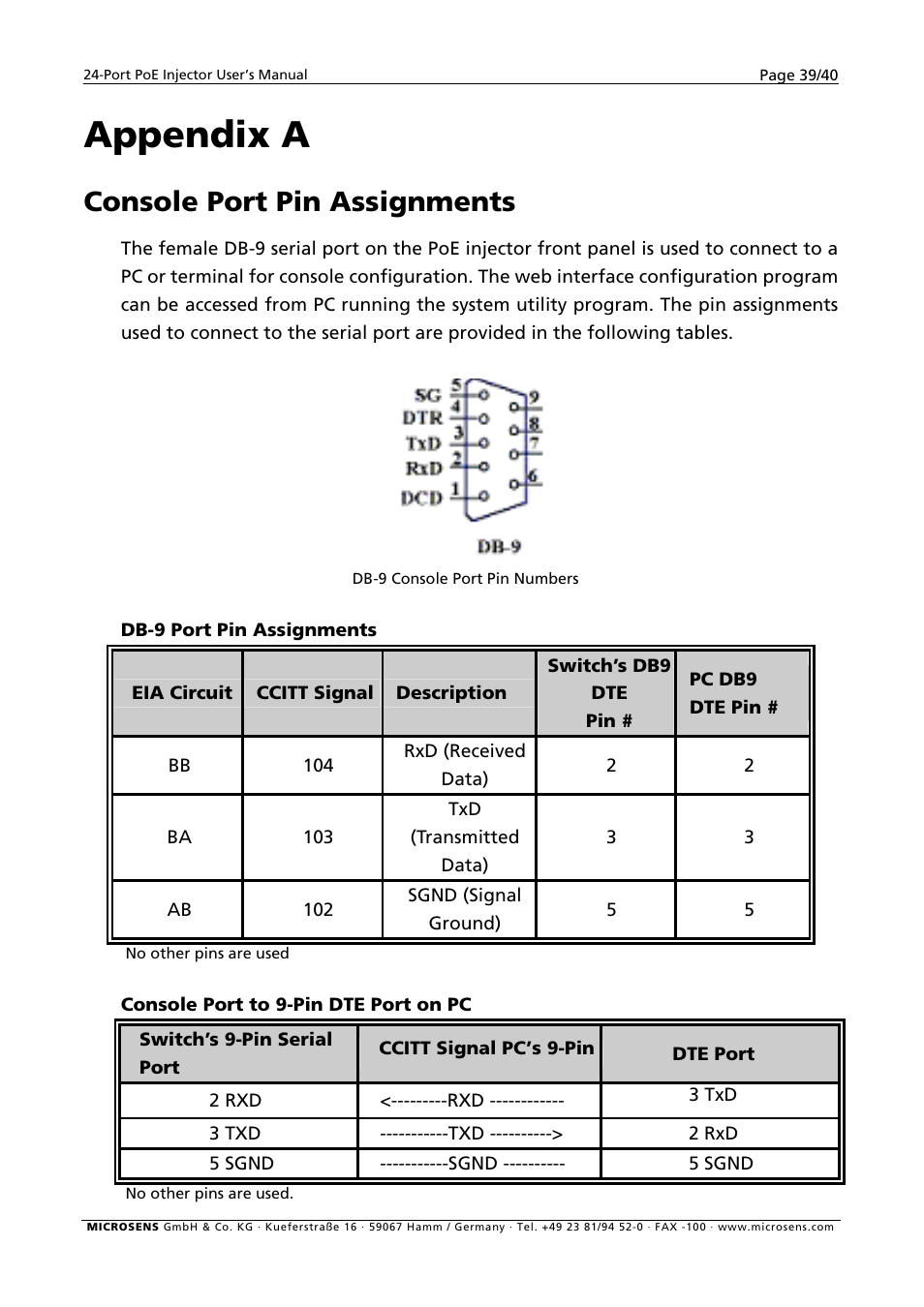 Appendix a, Console port pin assignments | Microsens MS400900M User Manual | Page 41 / 42