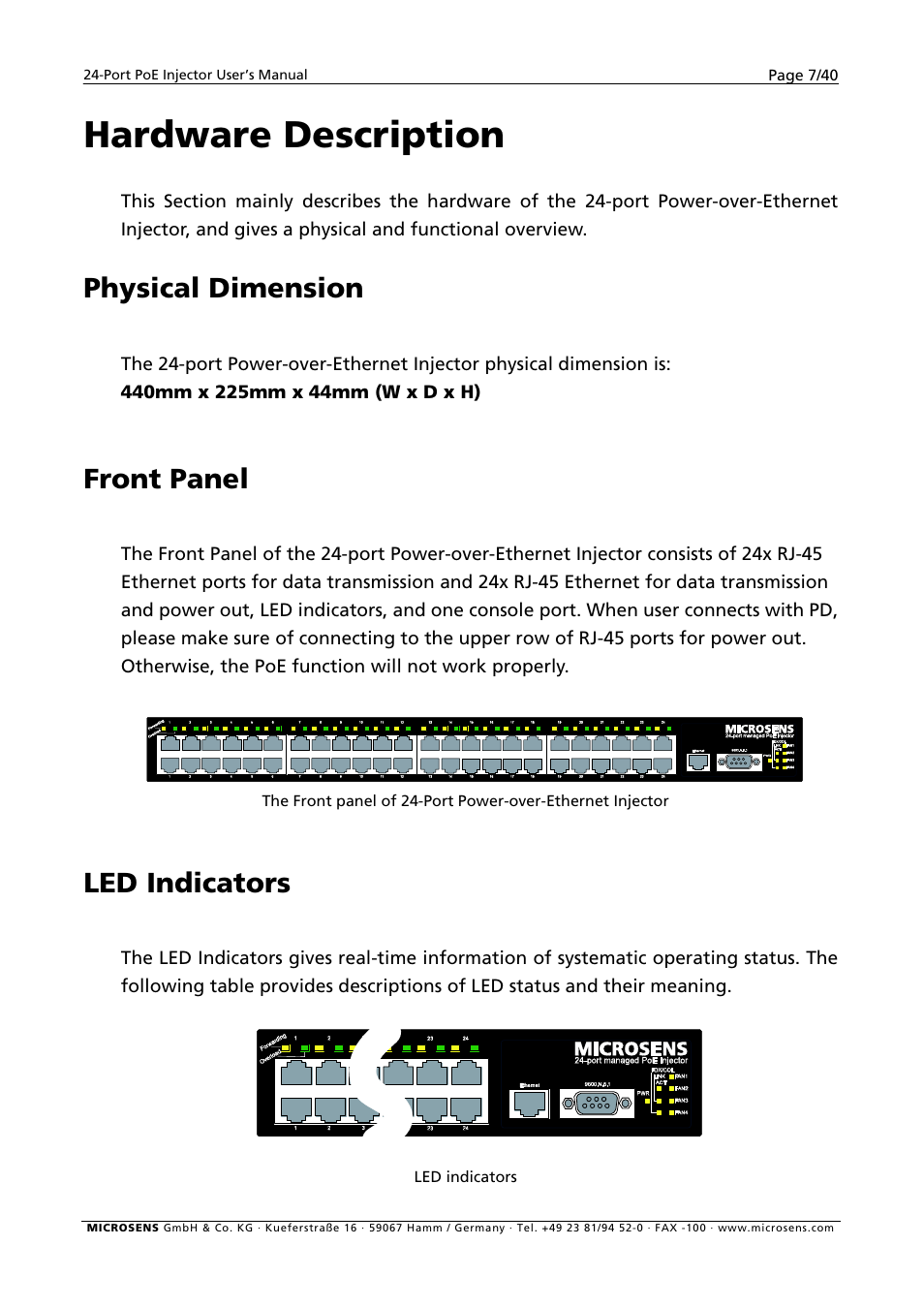 Hardware description, Physical dimension, Front panel | Led indicators | Microsens MS400900M User Manual | Page 9 / 42