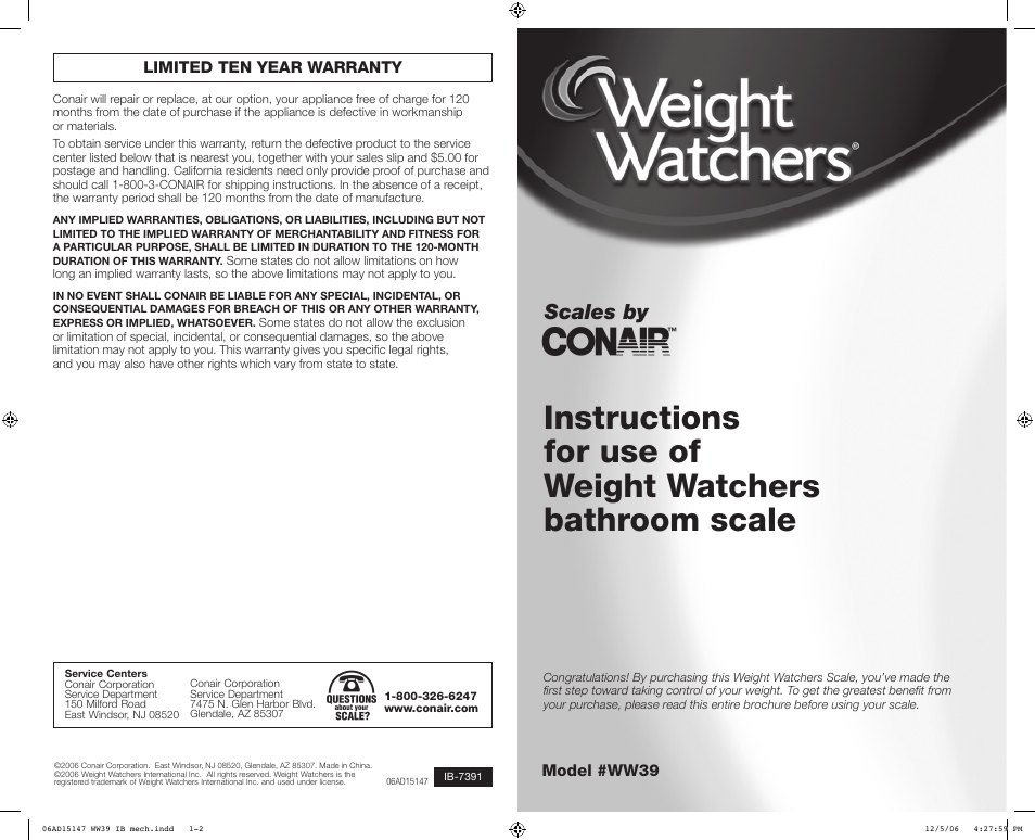 Conair Weight Watchers WW39 User Manual | 2 pages