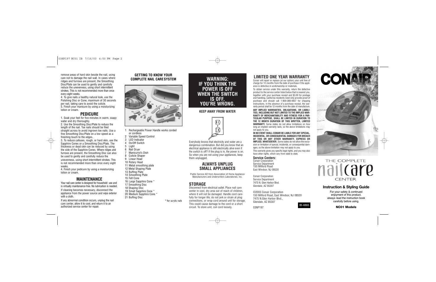 Limited one year warranty, Always unplug small appliances, Storage | Pedicure, Maintenance, Instruction & styling guide, Getting to know your complete nail care system | Conair 03NP197 User Manual | Page 2 / 2