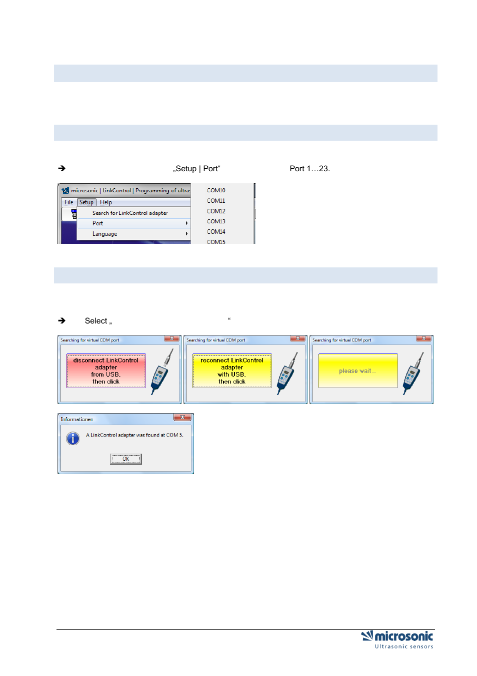 Selecting the com-port, Directly selection of the com port, Automatically search the com-port | Com-p | Microsonic LCA-2 User Manual | Page 10 / 51
