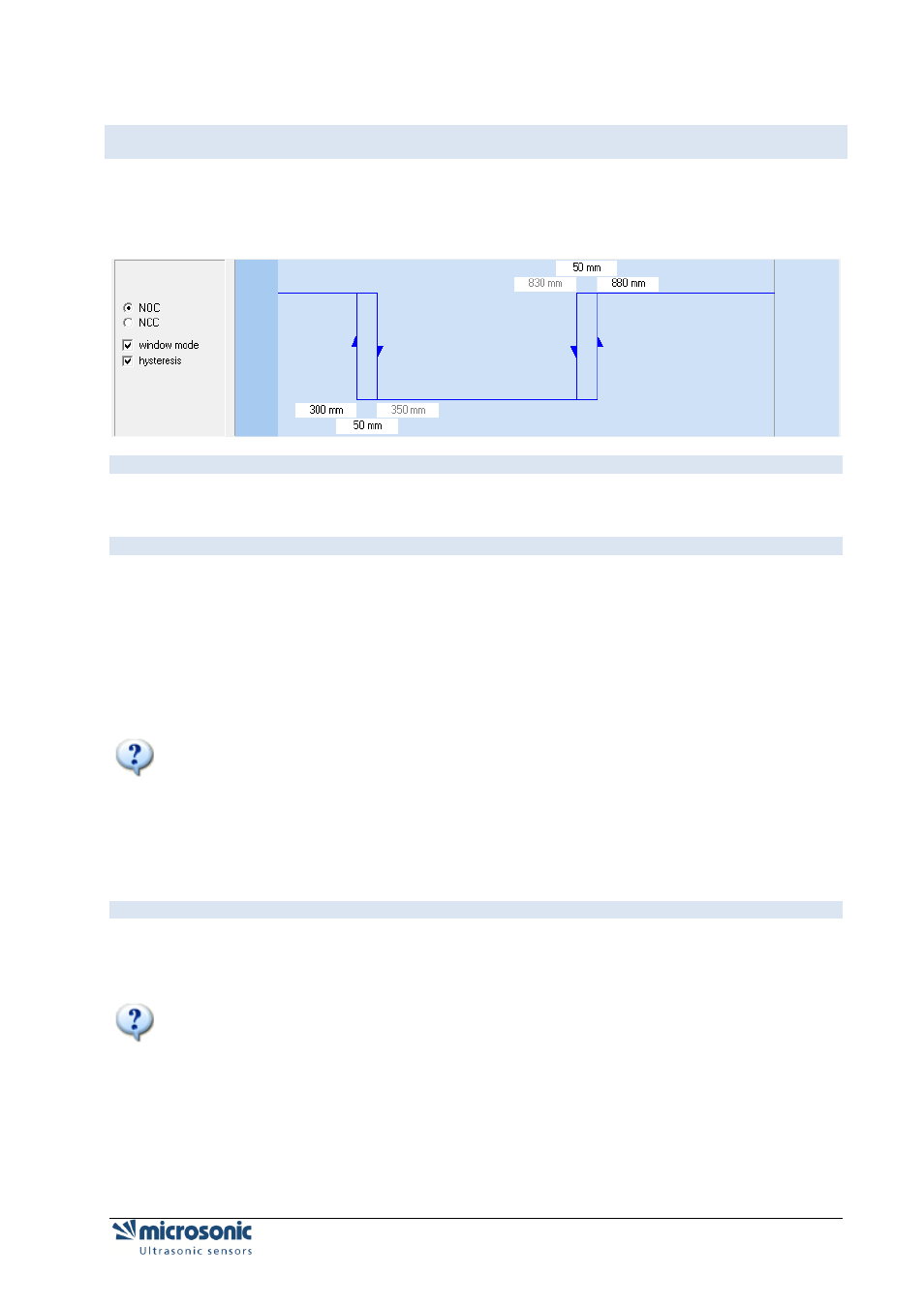 Changing parameters for switching sensors, N.o. / n.c (make / break behaviour), Setting trip points and hysteresis | Window mode | Microsonic LCA-2 User Manual | Page 23 / 51