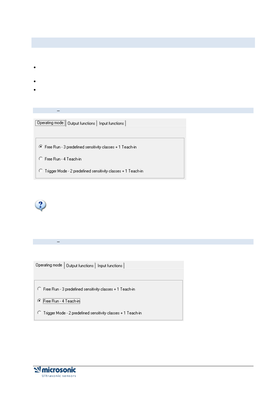 Operating modes, Free run – 4 teach-in | Microsonic LCA-2 User Manual | Page 33 / 51