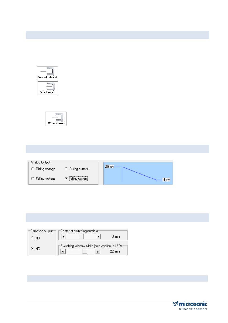 Teach-in-methoden, Analog output setting, Switch output setting | Microsonic LCA-2 User Manual | Page 40 / 51