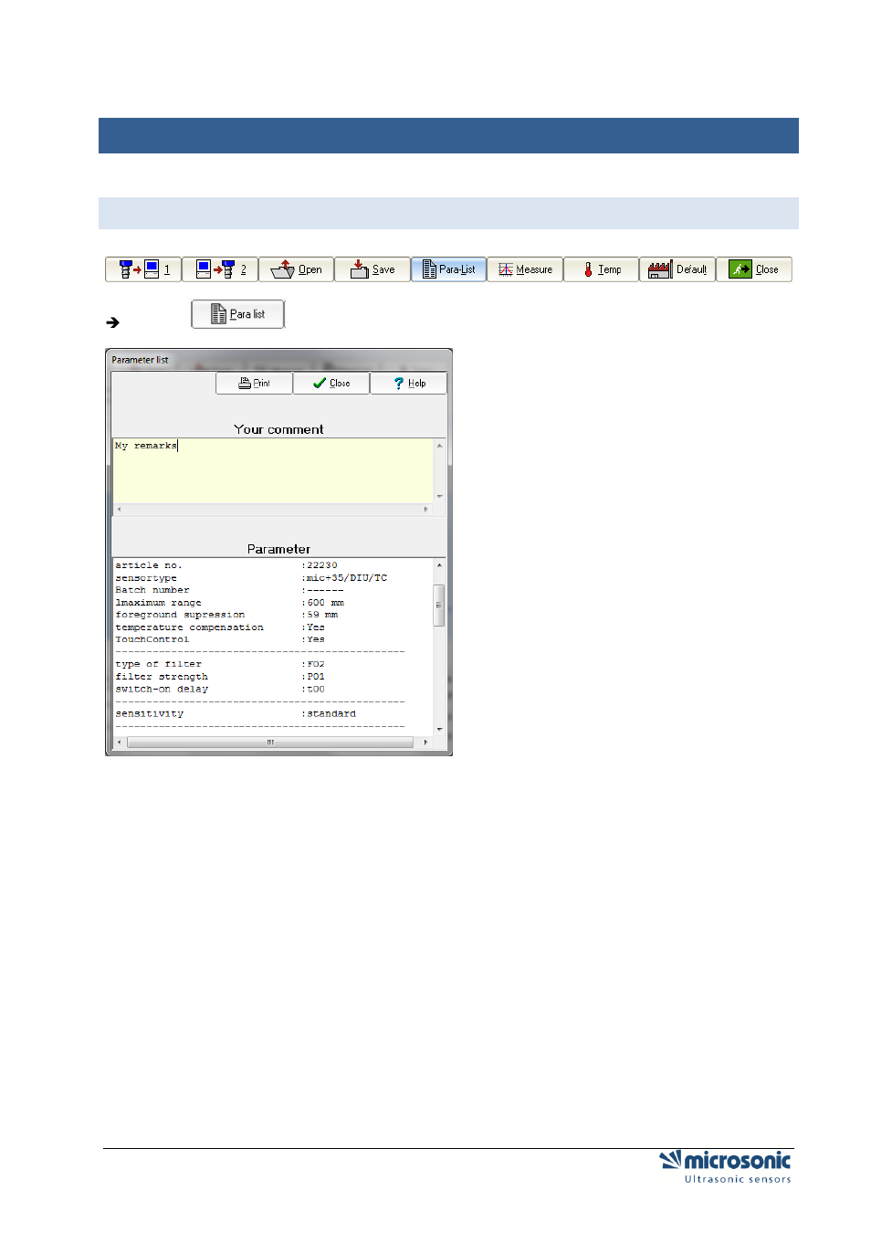 Documentation of parameters, The parameter list, Ocumentation of parameters | Microsonic LCA-2 User Manual | Page 42 / 51