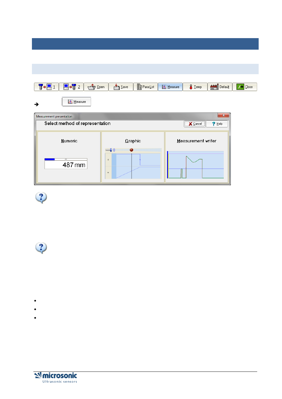 Visualisation of measurements, Selecting the mode, Isualisation of measurements | Microsonic LCA-2 User Manual | Page 43 / 51