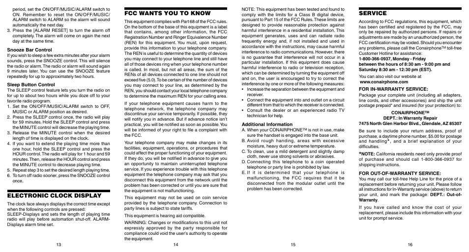 Fcc wants you to know, Electronic clock display, Service | Conair TCR500 User Manual | Page 5 / 5