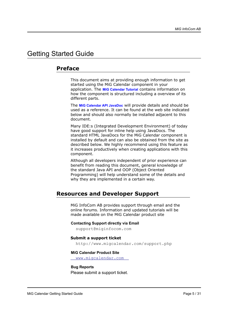 Getting started guide, Preface, Resources and developer support | MiG InfoCom MiG Calendar Getting Started Guide User Manual | Page 5 / 31