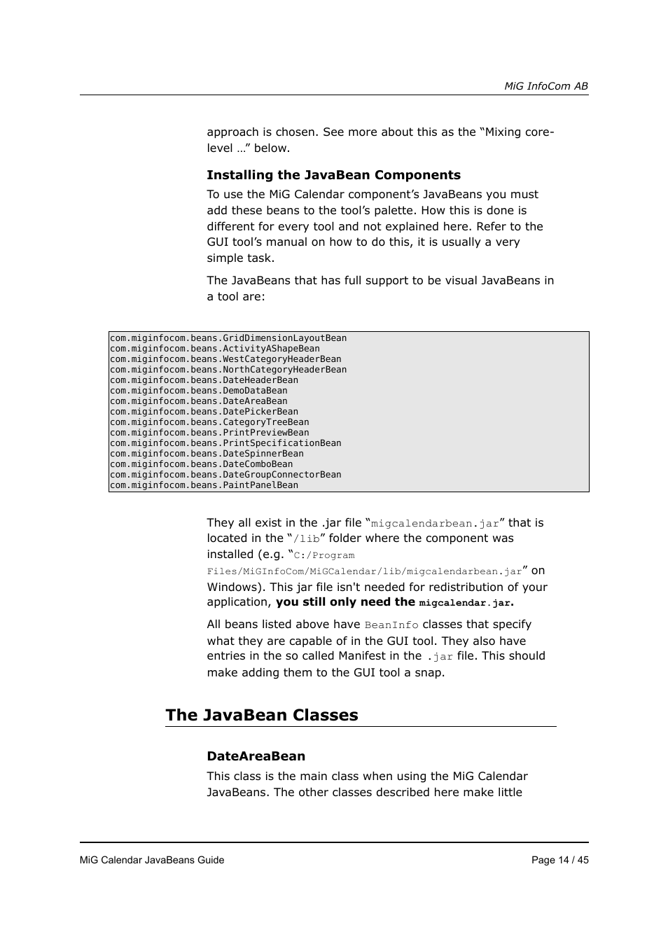 The javabean classes | MiG InfoCom MiG Calendar JavaBeans Guide User Manual | Page 14 / 45