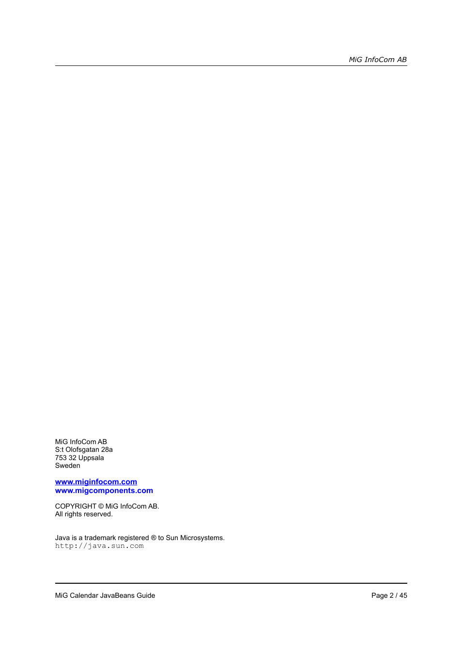 MiG InfoCom MiG Calendar JavaBeans Guide User Manual | Page 2 / 45