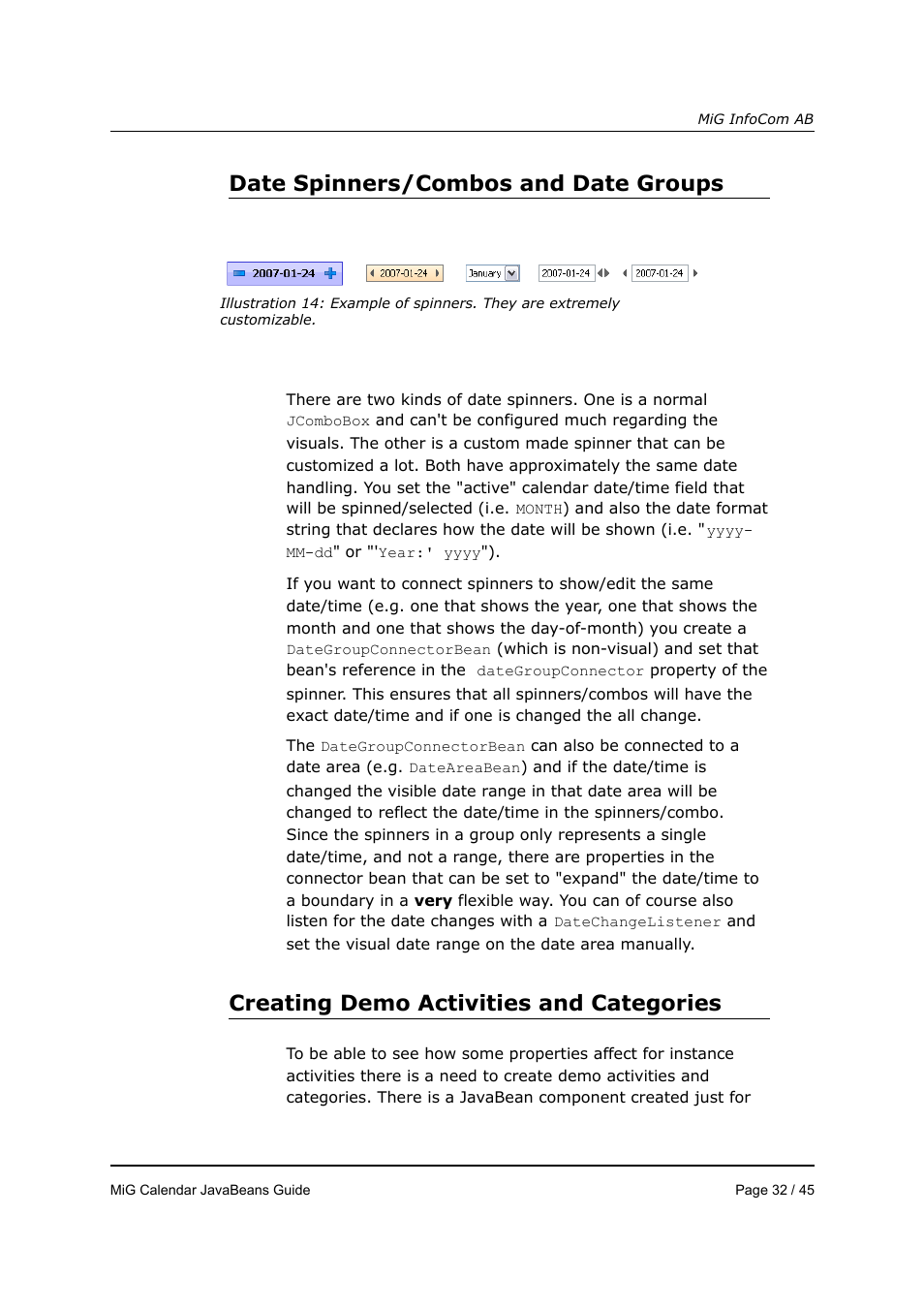 Date spinners/combos and date groups, Creating demo activities and categories | MiG InfoCom MiG Calendar JavaBeans Guide User Manual | Page 32 / 45