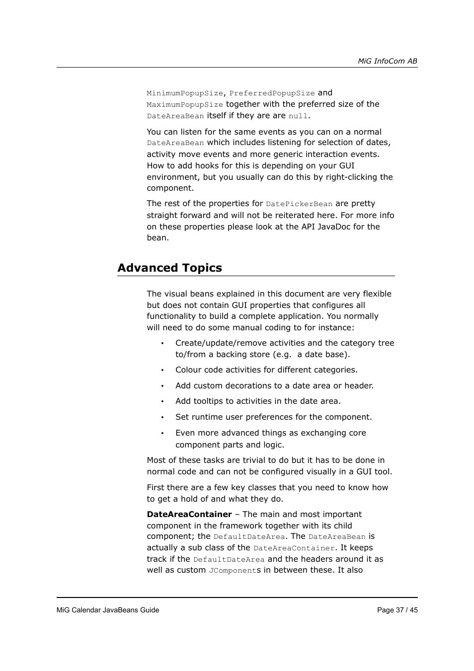 Advanced topics | MiG InfoCom MiG Calendar JavaBeans Guide User Manual | Page 37 / 45