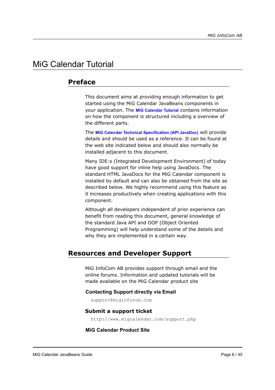 Mig calendar tutorial, Preface, Resources and developer support | MiG InfoCom MiG Calendar JavaBeans Guide User Manual | Page 6 / 45