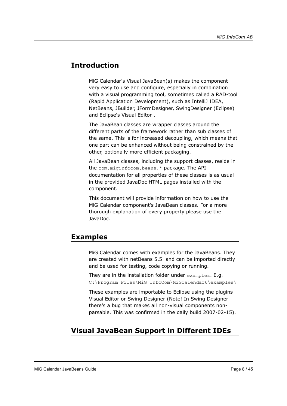 Introduction, Examples, Visual javabean support in different ides | MiG InfoCom MiG Calendar JavaBeans Guide User Manual | Page 8 / 45