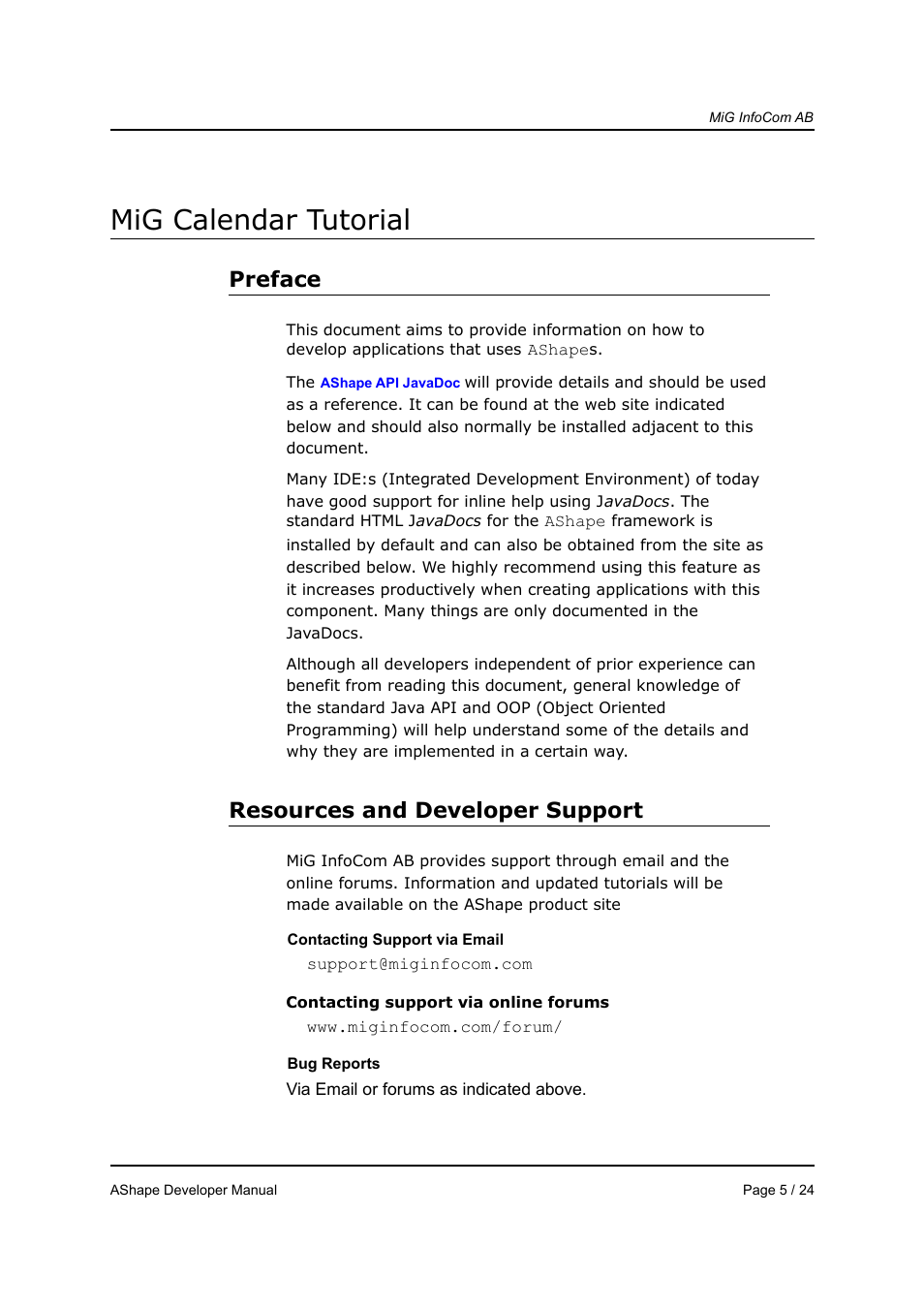 Mig calendar tutorial, Preface, Resources and developer support | MiG InfoCom MiG Calendar AShape Developer Manual User Manual | Page 5 / 24