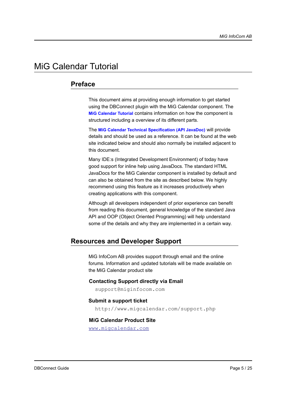 Mig calendar tutorial, Preface, Resources and developer support | MiG InfoCom MiG Calendar DBConnect Guide User Manual | Page 5 / 25