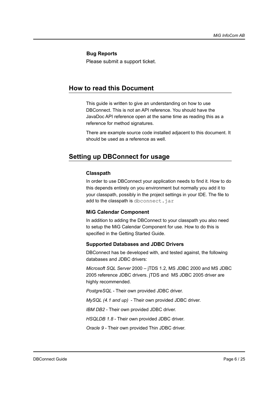 How to read this document, Setting up dbconnect for usage | MiG InfoCom MiG Calendar DBConnect Guide User Manual | Page 6 / 25