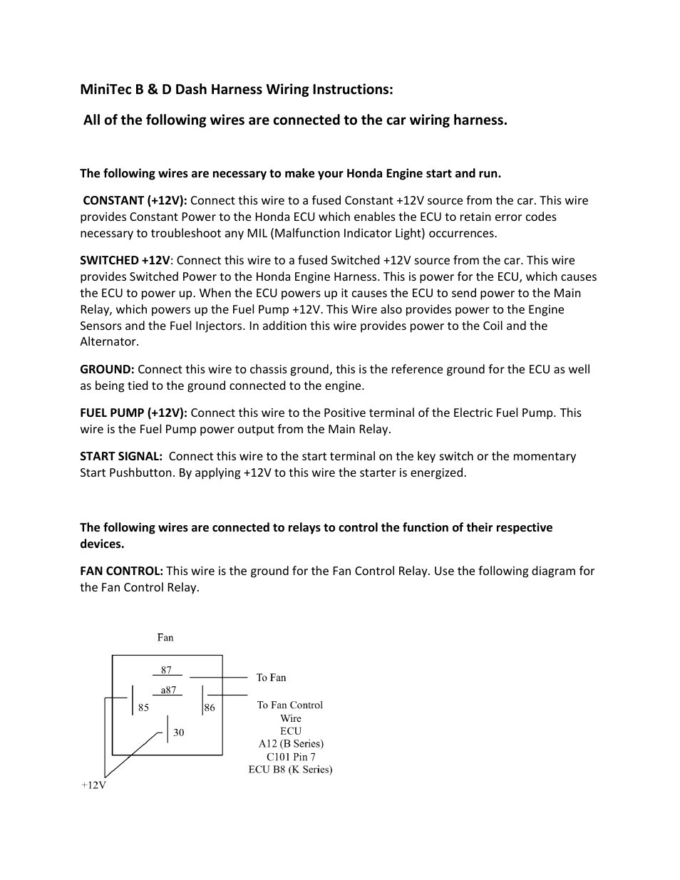 Mini Tec B Dash Harness Wiring User Manual | 3 pages