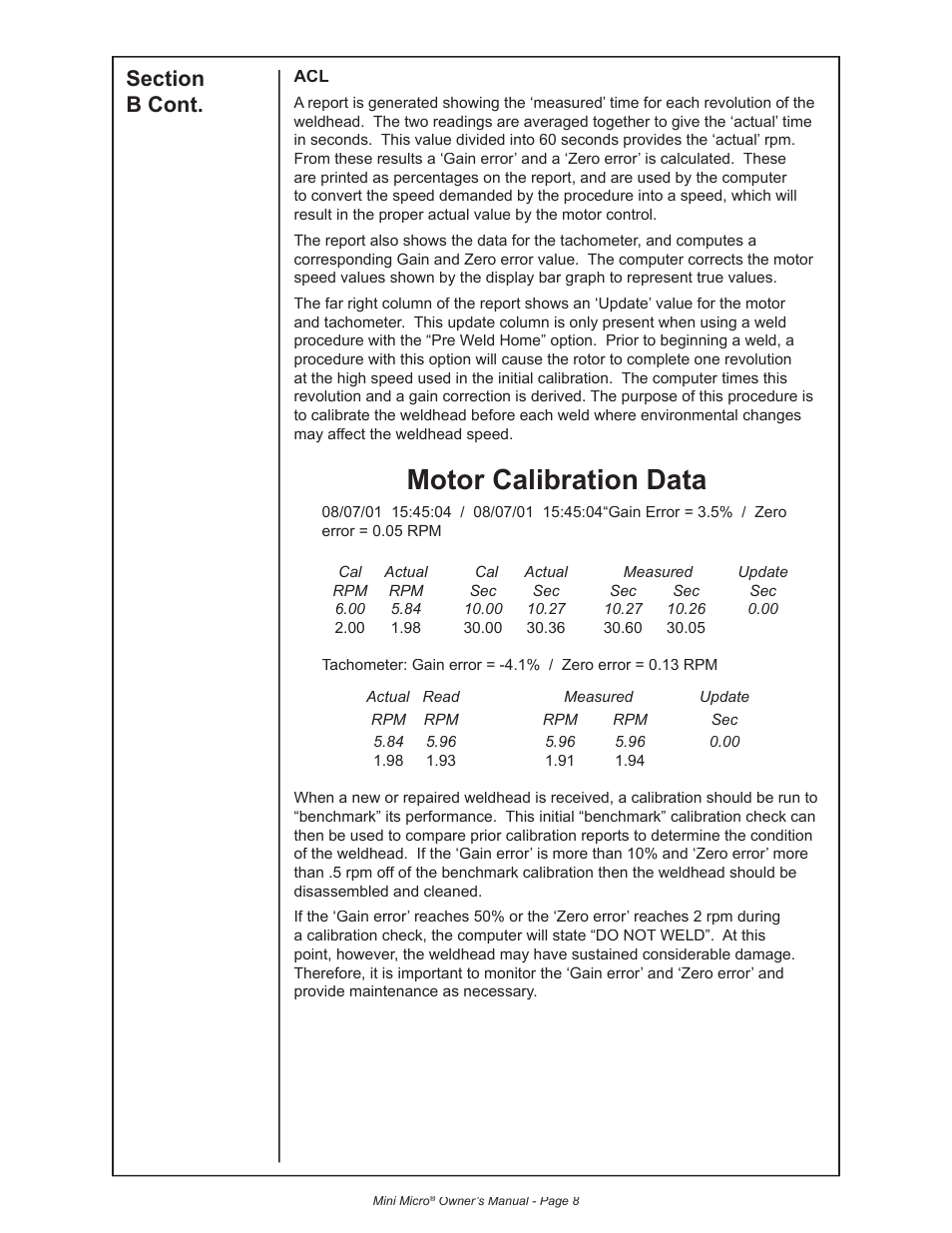 Motor calibration data | MK Products MiniMicro Orbital Weldhead User Manual | Page 14 / 30