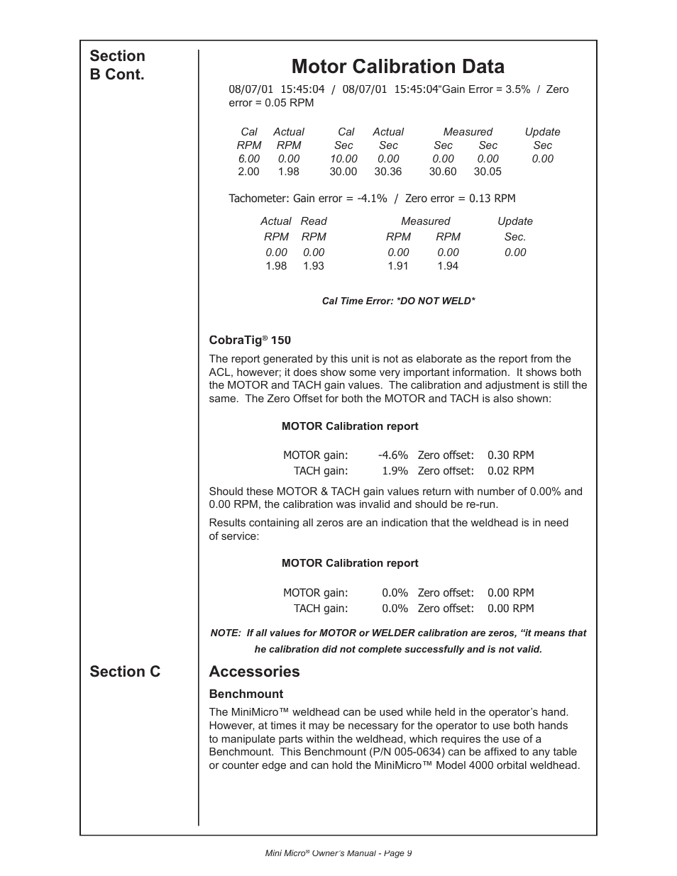 Motor calibration data | MK Products MiniMicro Orbital Weldhead User Manual | Page 15 / 30