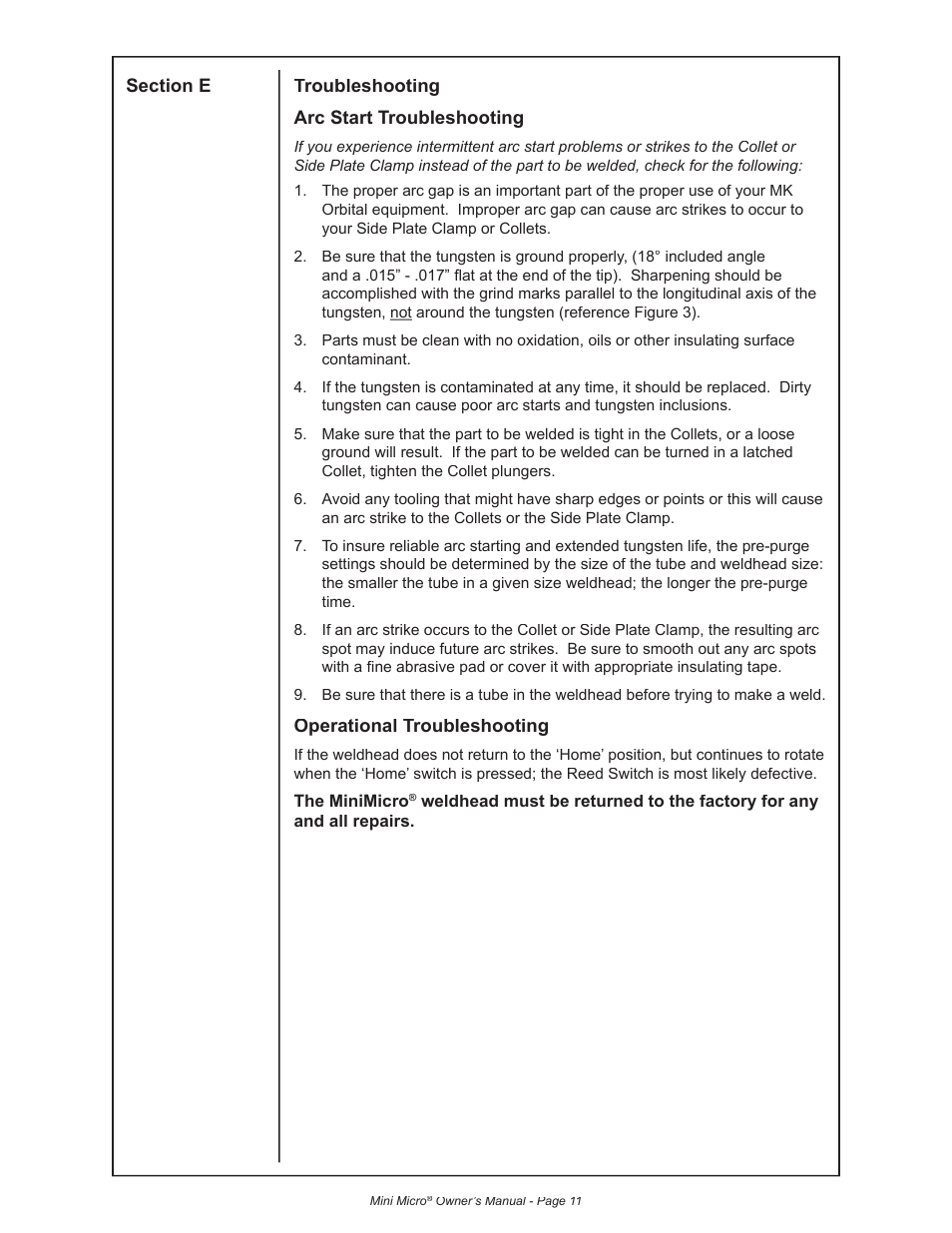 Operational troubleshooting | MK Products MiniMicro Orbital Weldhead User Manual | Page 17 / 30