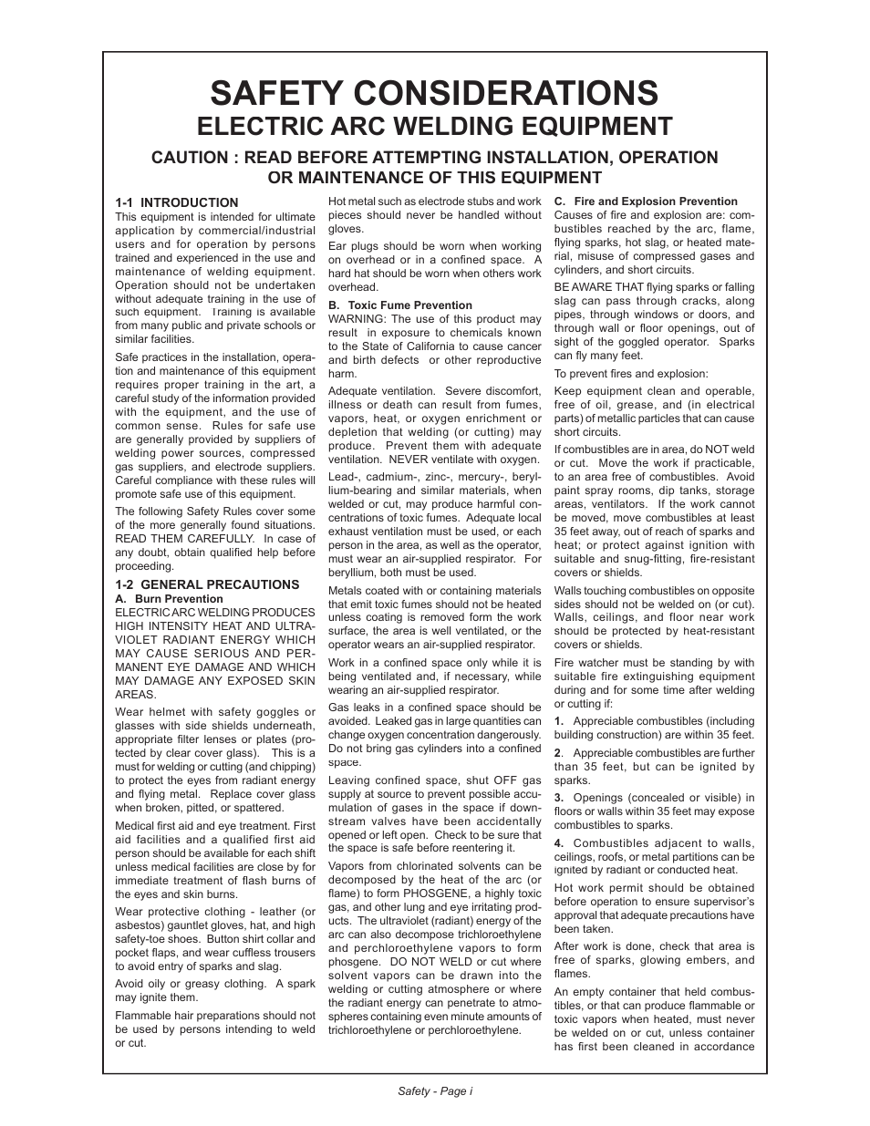 Safety considerations, Electric arc welding equipment | MK Products MiniMicro Orbital Weldhead User Manual | Page 3 / 30