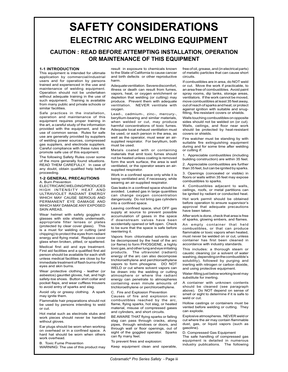 Safety considerations, Electric arc welding equipment | MK Products MK Cobramatic Pro Series User Manual | Page 4 / 43
