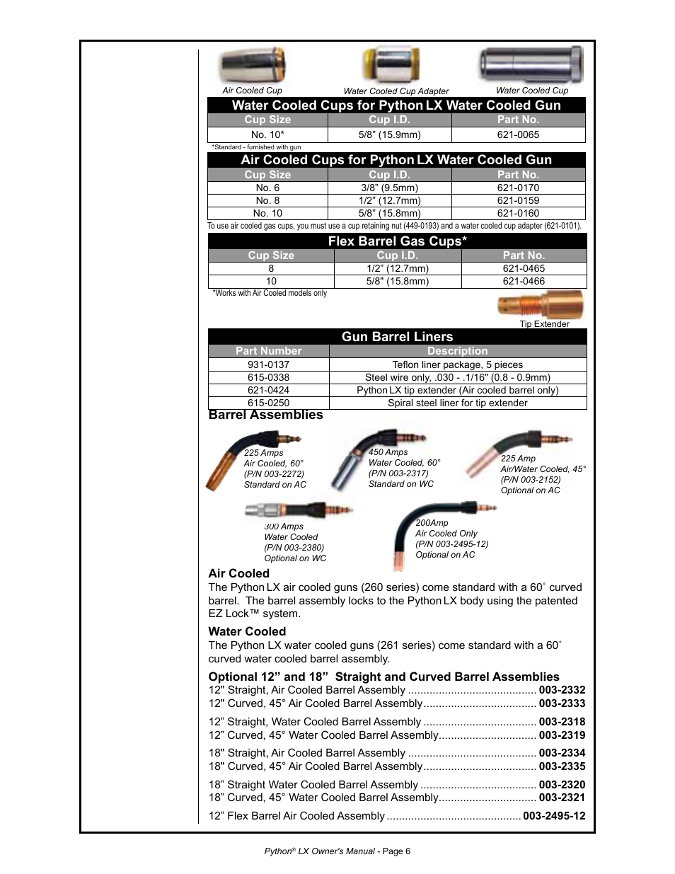 Barrel assemblies, Water cooled cups for python, Lx water cooled gun | Air cooled cups for python, Flex barrel gas cups, Gun barrel liners | MK Products Python LX Torch User Manual | Page 13 / 37