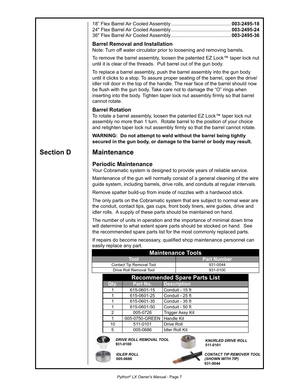 Periodic maintenance, Maintenance tools, Recommended spare parts list | MK Products Python LX Torch User Manual | Page 14 / 37