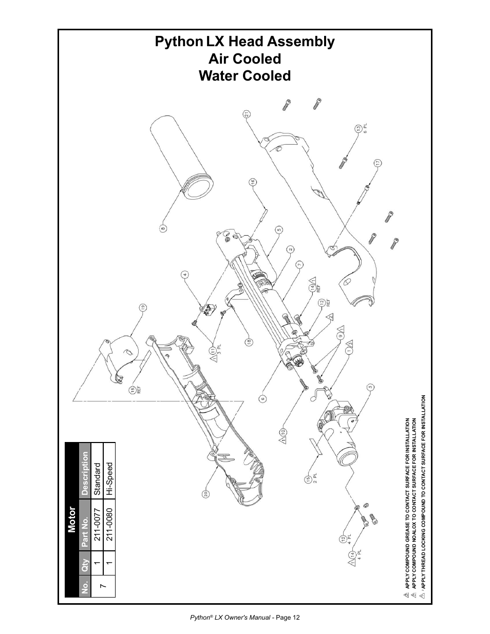 Python, Lx head assembly air cooled water cooled, Motor | MK Products Python LX Torch User Manual | Page 19 / 37