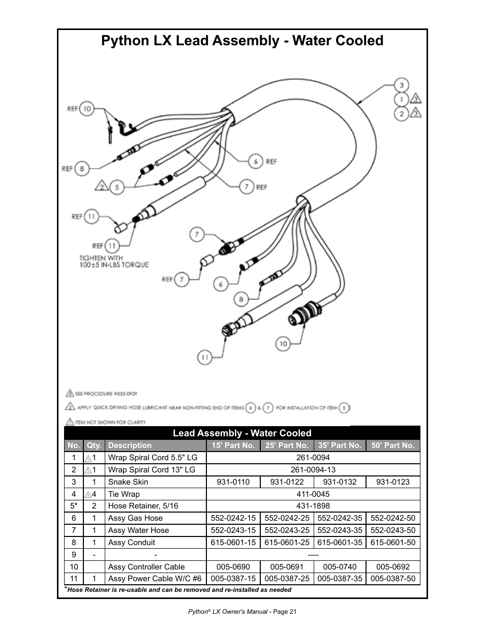 Python lx lead assembly - water cooled | MK Products Python LX Torch User Manual | Page 28 / 37