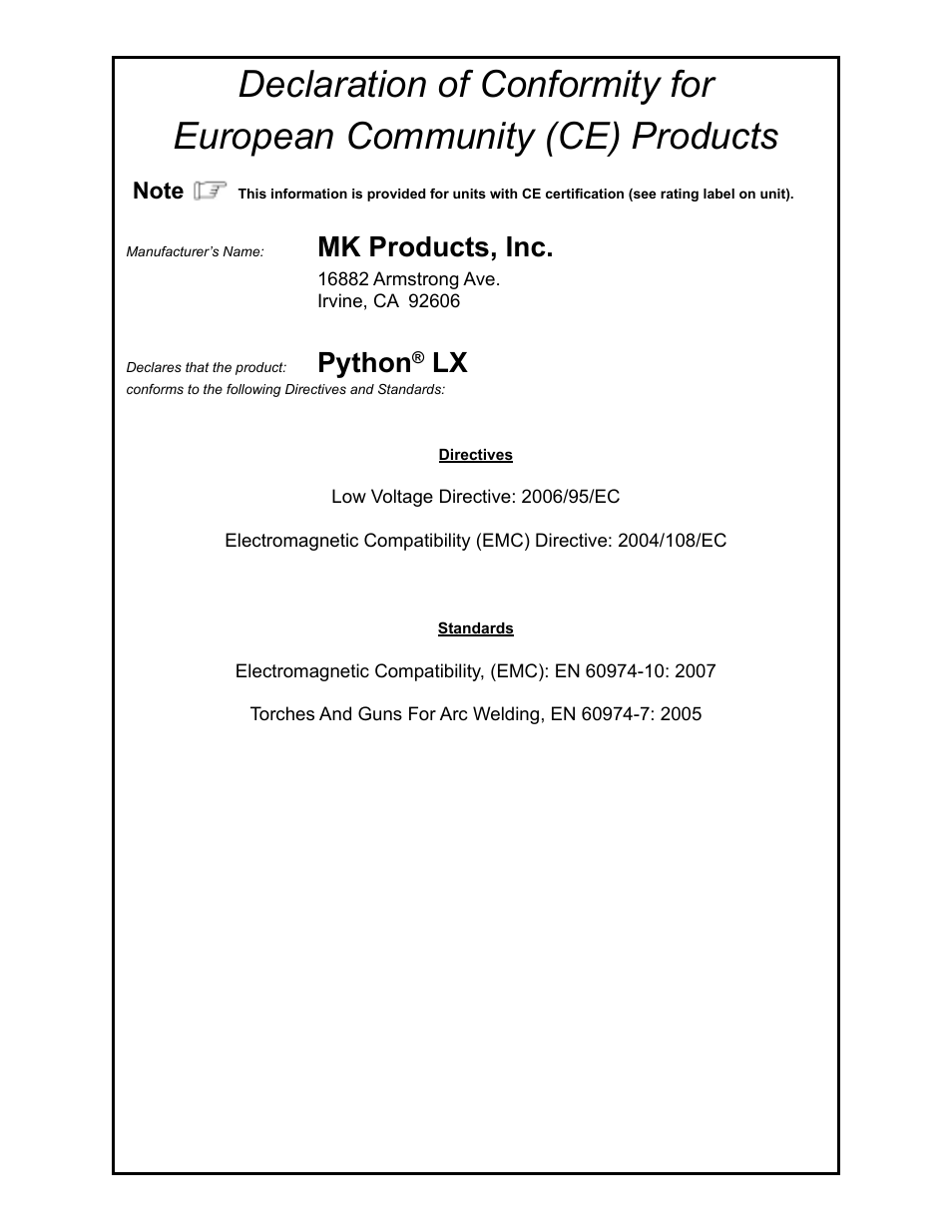 Mk products, inc, Python | MK Products Python LX Torch User Manual | Page 3 / 37