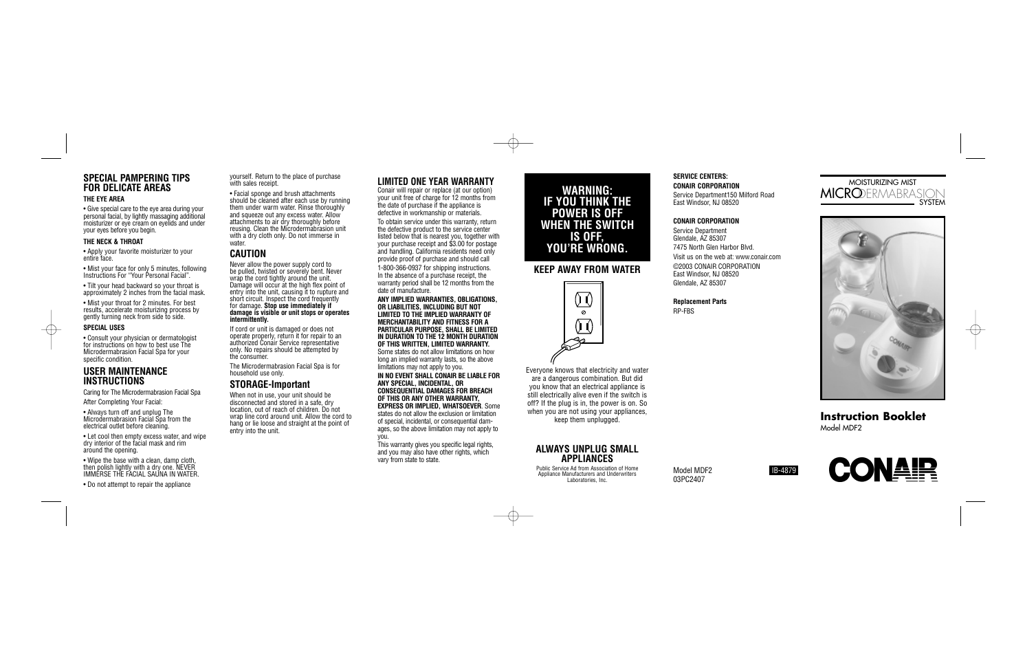 Micro, Dermabrasion, Instruction booklet | Limited one year warranty, Keep away from water, Always unplug small appliances, Caution, Storage-important, Special pampering tips for delicate areas, User maintenance instructions | Conair Facial Steamer User Manual | Page 2 / 2